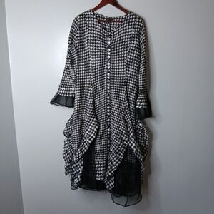 Jerry T Midi Dress L Black White Houndstooth Ruffle Lolita Cosplay Lagenlook Art